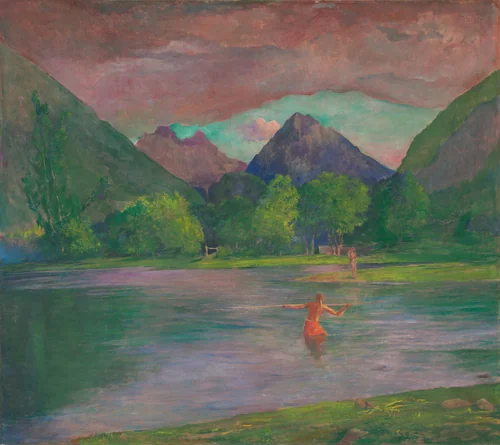 The Entrance to the Tautira River, Tahiti. Fisherman Spearing a Fish by John La Farge, painting, 1895