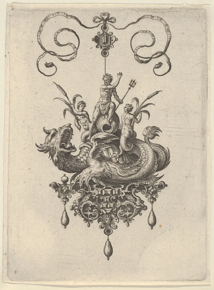 Pendant Design with a Sea Monster Carrying Neptune Flanked by Two Nereids by Adriaen Collaert, print, 1582