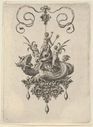 Pendant Design with a Sea Monster Carrying Neptune Flanked by Two Nereids by Adriaen Collaert, print, 1582