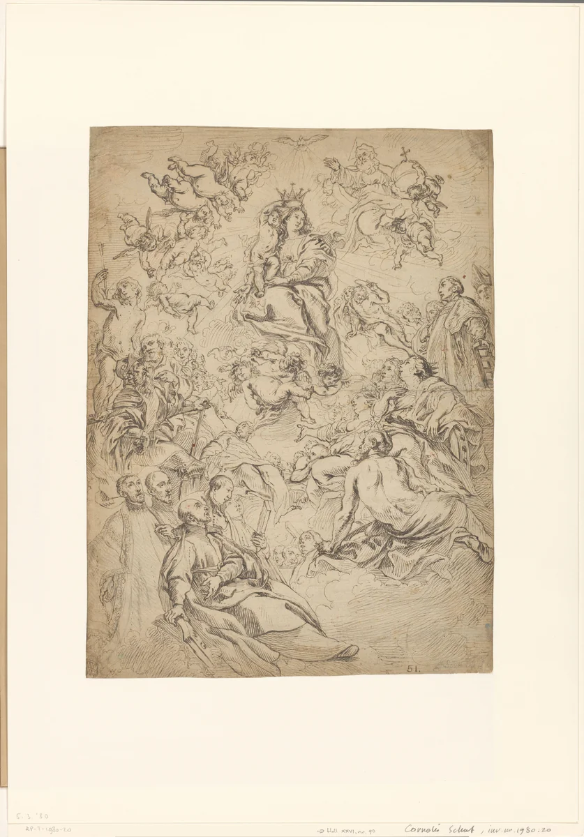 Kroning van Maria door Christuskind by Cornelis Schut, drawing, 1607-1655