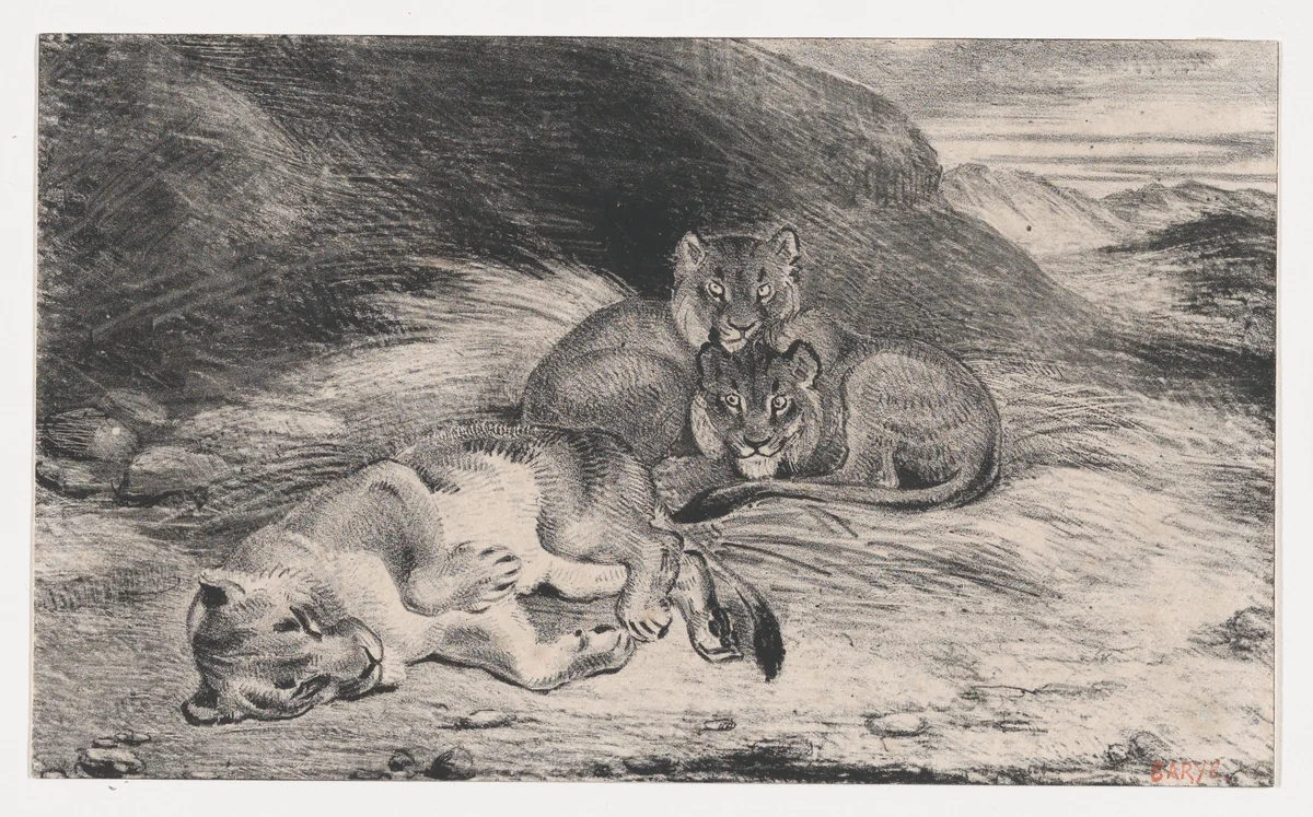 Lioness and Cubs by Antoine-Louis Barye, print, 1832