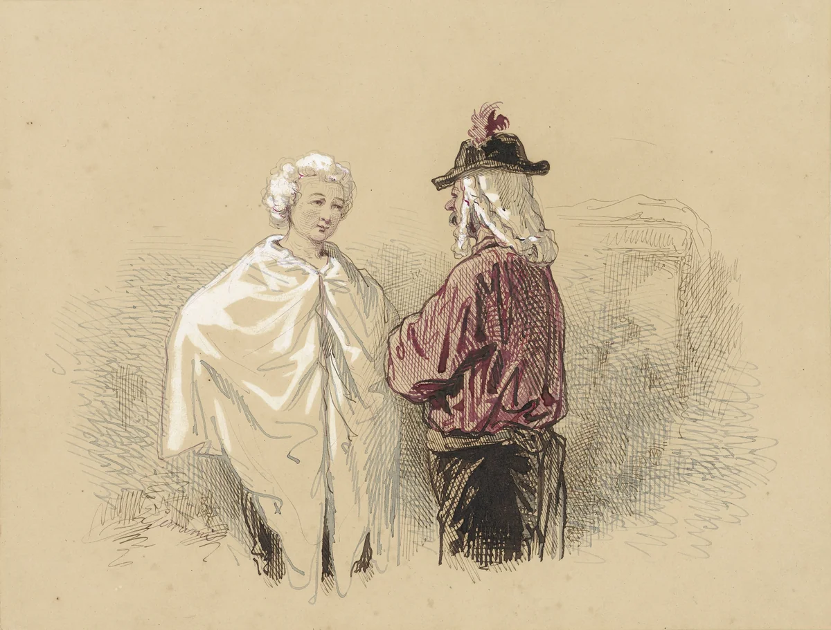 Twee mannen in gesprek by Paul Gavarni, drawing, 1814-1866