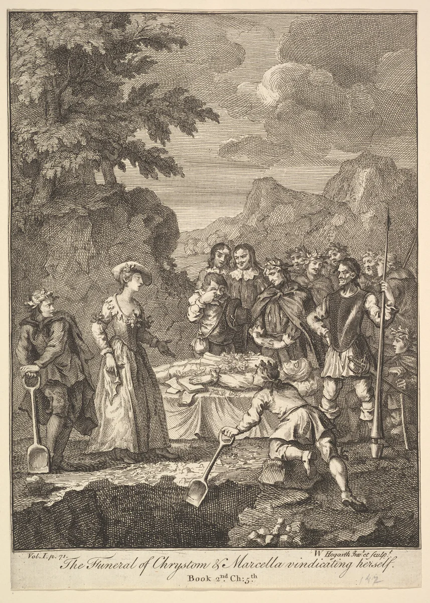 The Funeral of Chrystom & Marcella vindicating herself (Six Illustrations for Don Quixote) by William Hogarth, print, 1756