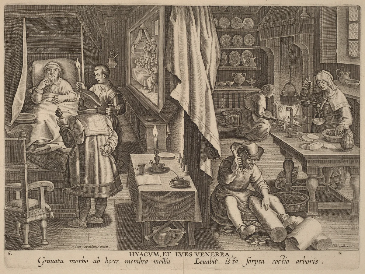 Hyacum, et Lues Venerea (Guaiacum and Venereal Infection) by Philip Galle, print, 1585-1595