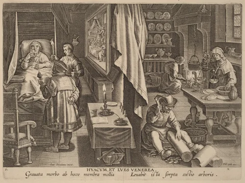 Hyacum, et Lues Venerea (Guaiacum and Venereal Infection) by Philip Galle, print, 1585-1595
