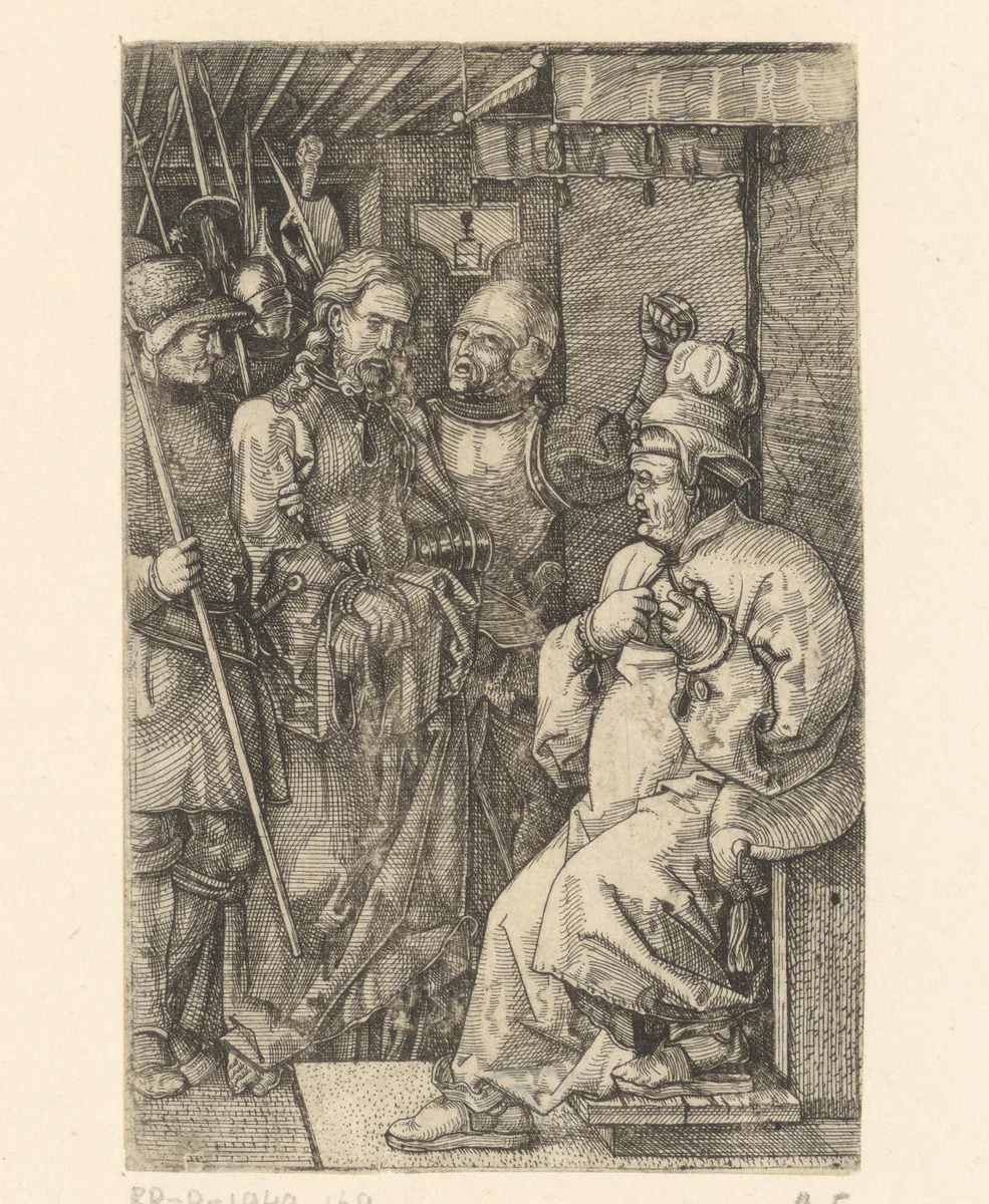 Christus voor Kajafas by Unknown, print, 1520-1530