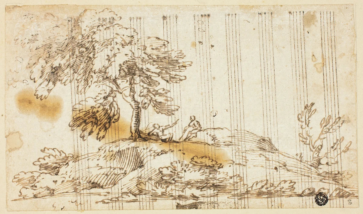 Two Men Seated under Tree on Hillside by Giovanni Francesco Grimaldi, drawing, 1626-1799