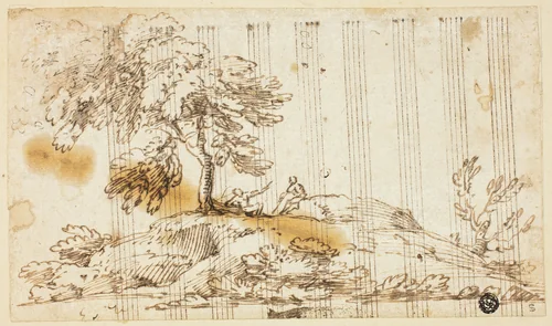Two Men Seated under Tree on Hillside by Giovanni Francesco Grimaldi, drawing, 1626-1799
