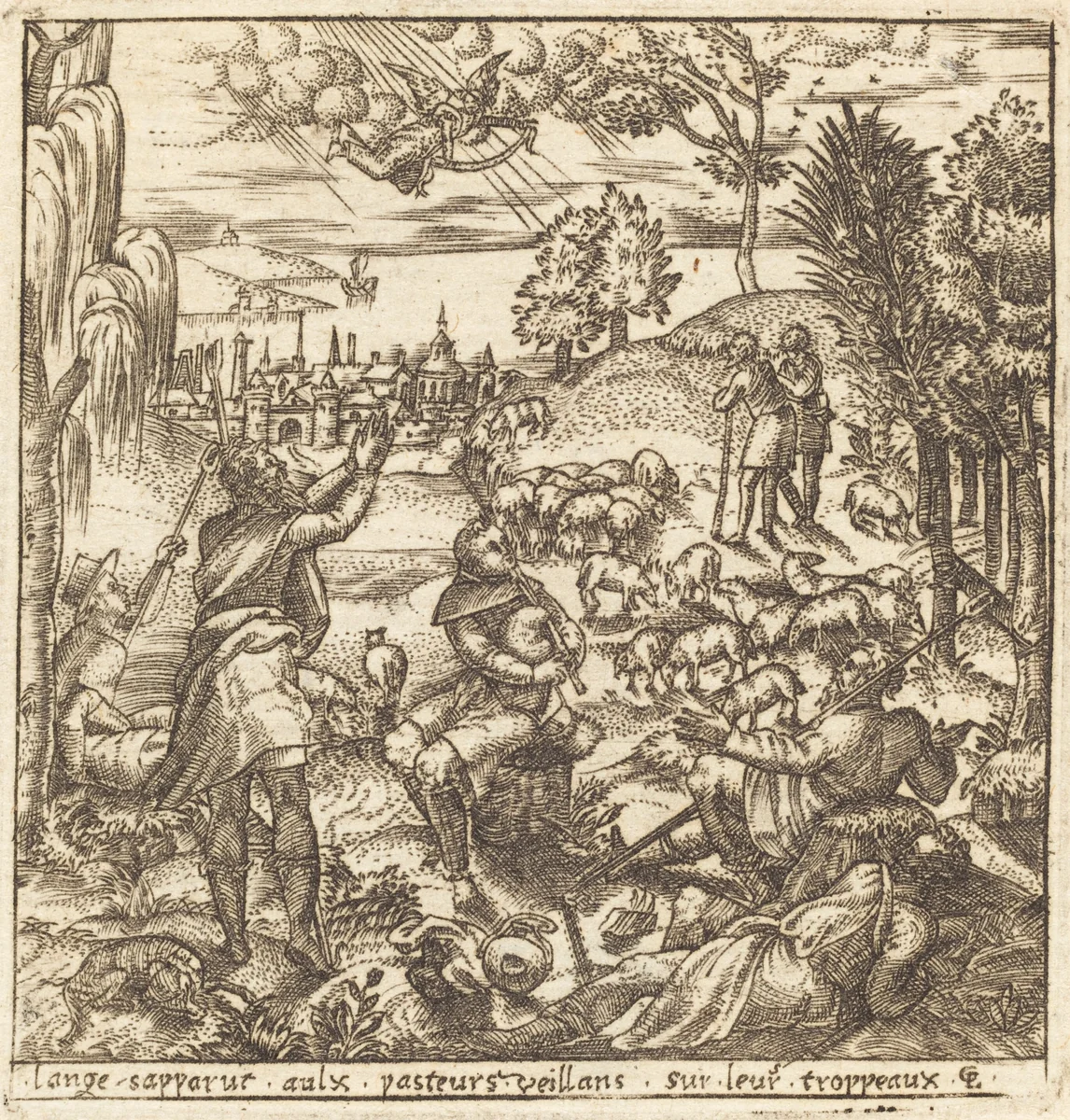 The Annunciation to the Shepherds by Léonard Gaultier, print, 1576-1580