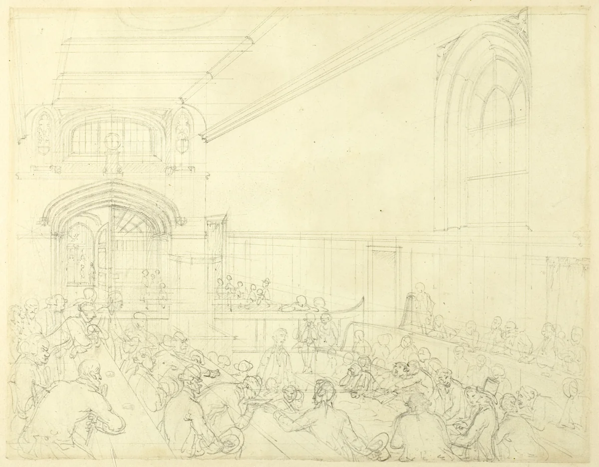 Study for Guild Hall, Examination of a Bankrupt Before His Creditors, from Microcosm of London by Augustus Charles Pugin
Thomas Rowlandson, drawing, 1807-1808