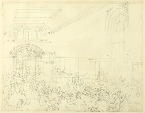 Study for Guild Hall, Examination of a Bankrupt Before His Creditors, from Microcosm of London by Augustus Charles Pugin
Thomas Rowlandson, drawing, 1807-1808