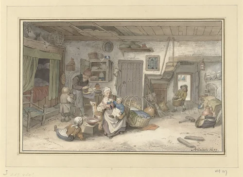 Interieur met boerenfamilie by Christiaan Josi, print, 1821