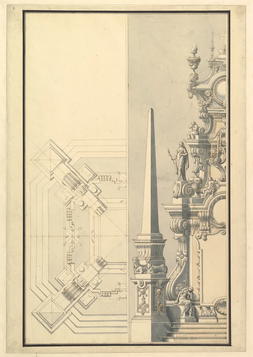 Half elevation and half ground plan for a catafalque for Margherite Louise d'Orleans, Granduchess of Tuscany (1645–1721) by Giuseppe Galli Bibiena, drawing, 1716-1726