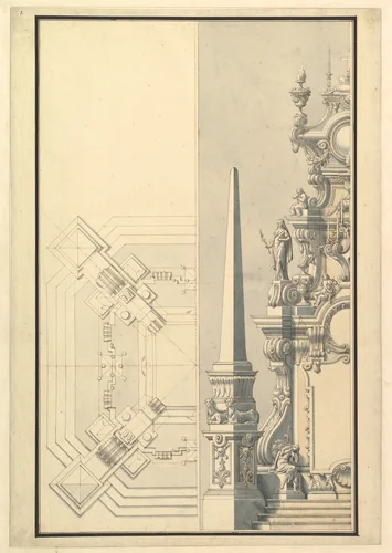 Half elevation and half ground plan for a catafalque for Margherite Louise d'Orleans, Granduchess of Tuscany (1645–1721) by Giuseppe Galli Bibiena, drawing, 1716-1726