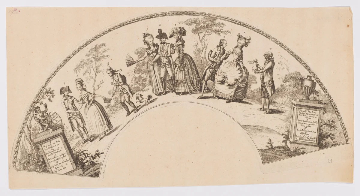 Design for a fan featuring scenes of courting figures by anonymous, print, 1700-1799