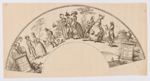 Design for a fan featuring scenes of courting figures by anonymous, print, 1700-1799