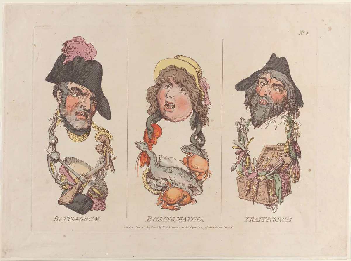 Battleorum, Billingsgatina, Trafficorum by Thomas Rowlandson, print, 1800