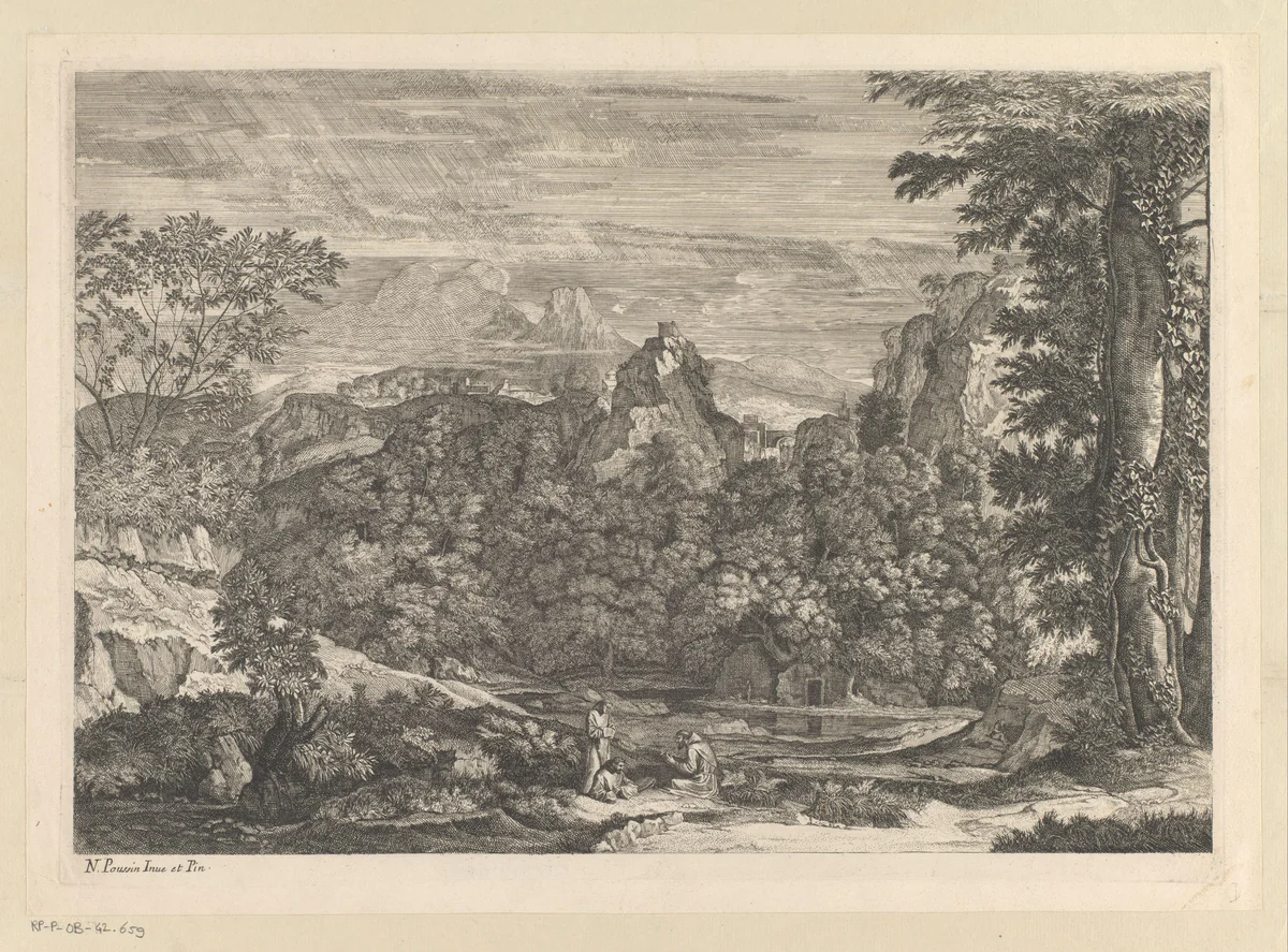 Landschap met drie monniken by Louis de Châtillon, print, 1649-1734