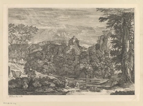 Landschap met drie monniken by Louis de Châtillon, print, 1649-1734