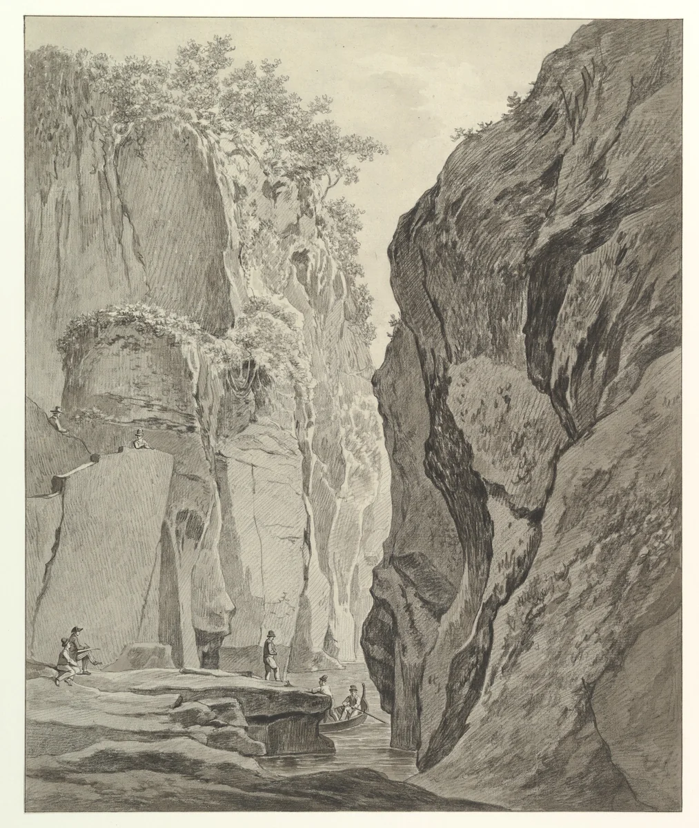 Figures Boating in a Gorge near Sorrento by Daniël Dupré, drawing, 1760-1817