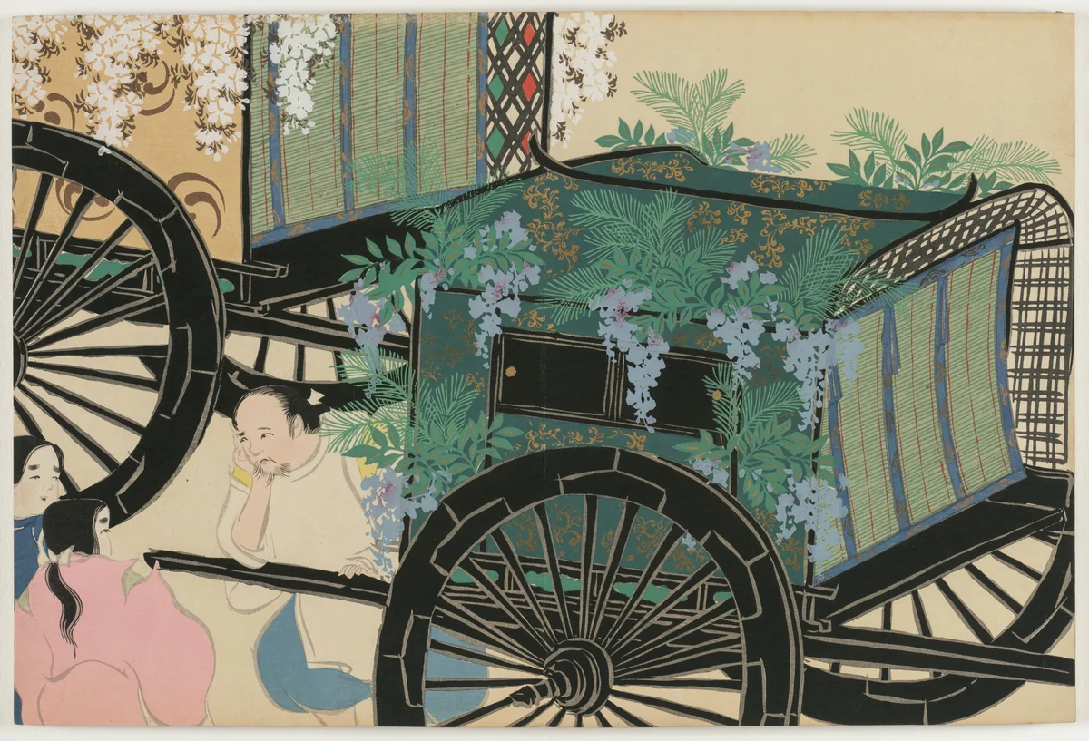 Flowers of a Hundred Worlds (Momoyogusa): Flower-draped Carts (Hanasashiguruma) by Kamisaka Sekka, book, 1909-1910