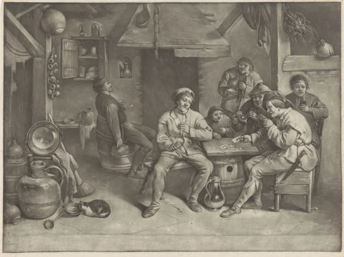 Kaartspelers in een herberg by anonymous, print, 1650-1800