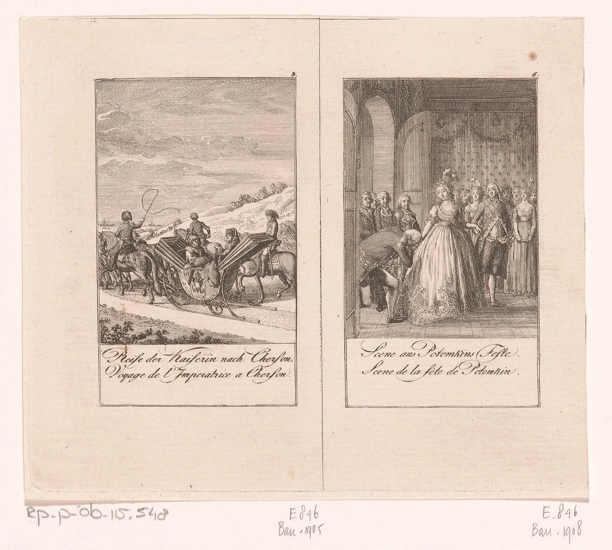 Twee voorstellingen uit de geschiedenis van Catharina de Grote by Daniel Nikolaus Chodowiecki, print, 1797