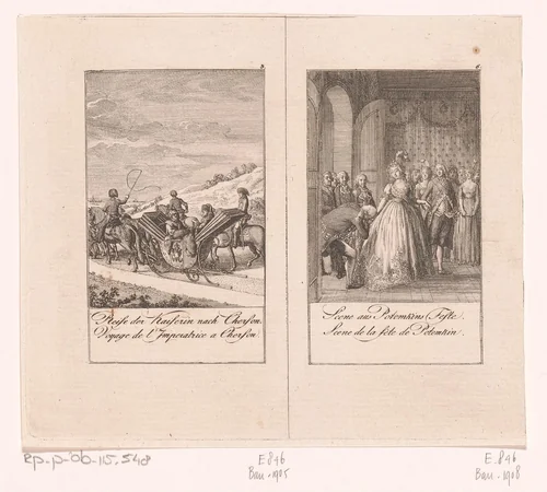 Twee voorstellingen uit de geschiedenis van Catharina de Grote by Daniel Nikolaus Chodowiecki, print, 1797