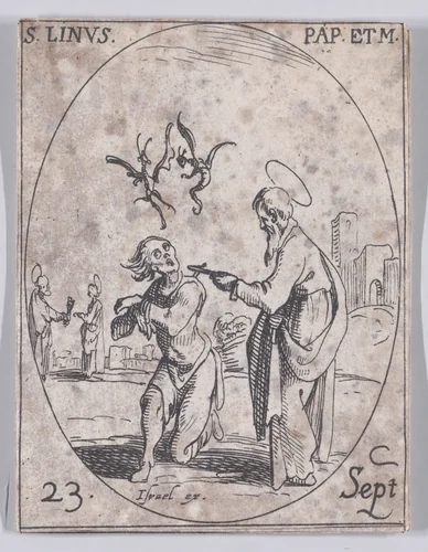 S. Lin, pape (St. Linus, Pope), September 23rd, from "Les Images De Tous Les Saincts et Saintes de L'Année" (Images of All of the Saints and Religious Events of the Year) by Jacques Callot, print, 1636