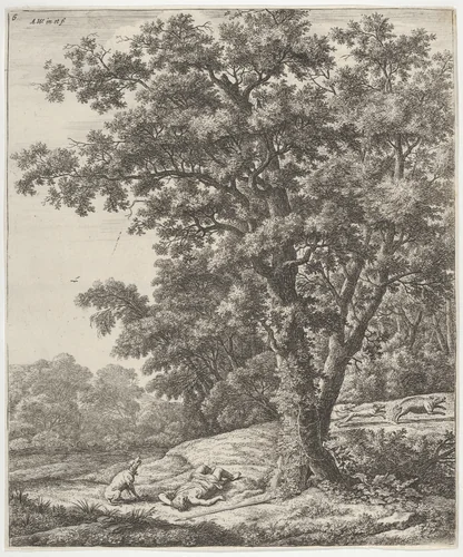Landscape with the Death of Adonis, from the Series of Six Mythological Scenes by Anthonie Waterloo, print, 1610-1690