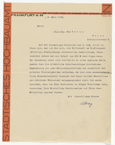 Städtisches Hochbaumt letterhead (Letter to Max Cetto) by Unidentified Designer, design, 1926