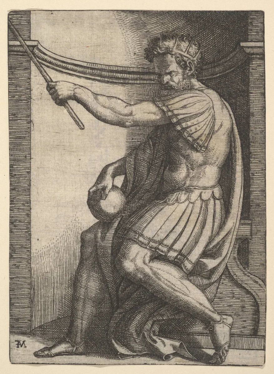 A Roman emperor sitting in a niche holding a sceptre in his raised left hand and a globe in his right hand by Marcantonio Raimondi, print, 1495-1539