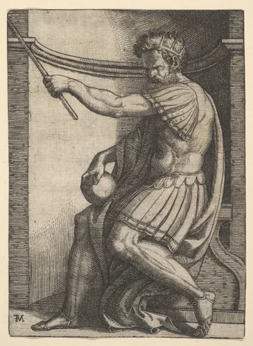A Roman emperor sitting in a niche holding a sceptre in his raised left hand and a globe in his right hand by Marcantonio Raimondi, print, 1495-1539