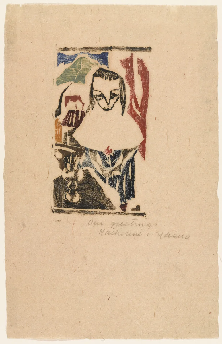 Woman Holding Flower at Table by Yasuo Kuniyoshi, print, 1920