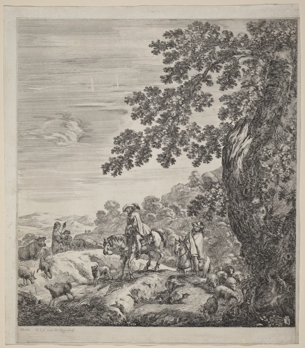 Two Riders Passing Near a Herd of Animals by Stefano della Bella, print, 1656