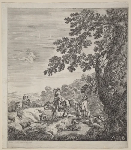 Two Riders Passing Near a Herd of Animals by Stefano della Bella, print, 1656
