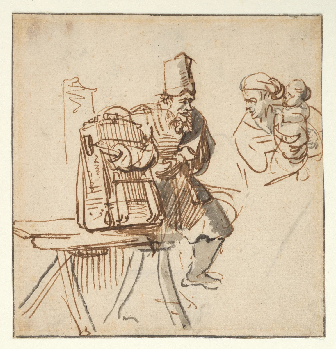 A Hawker Showing an Animal in a Cage to a Woman and Her Child by Rembrandt van Rijn, drawing, 1636-1670