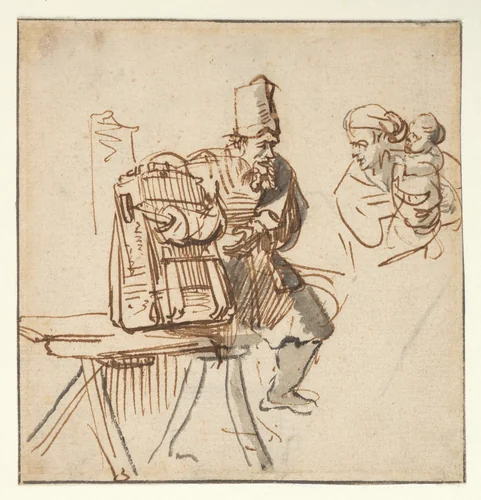 A Hawker Showing an Animal in a Cage to a Woman and Her Child by Rembrandt van Rijn, drawing, 1636-1670