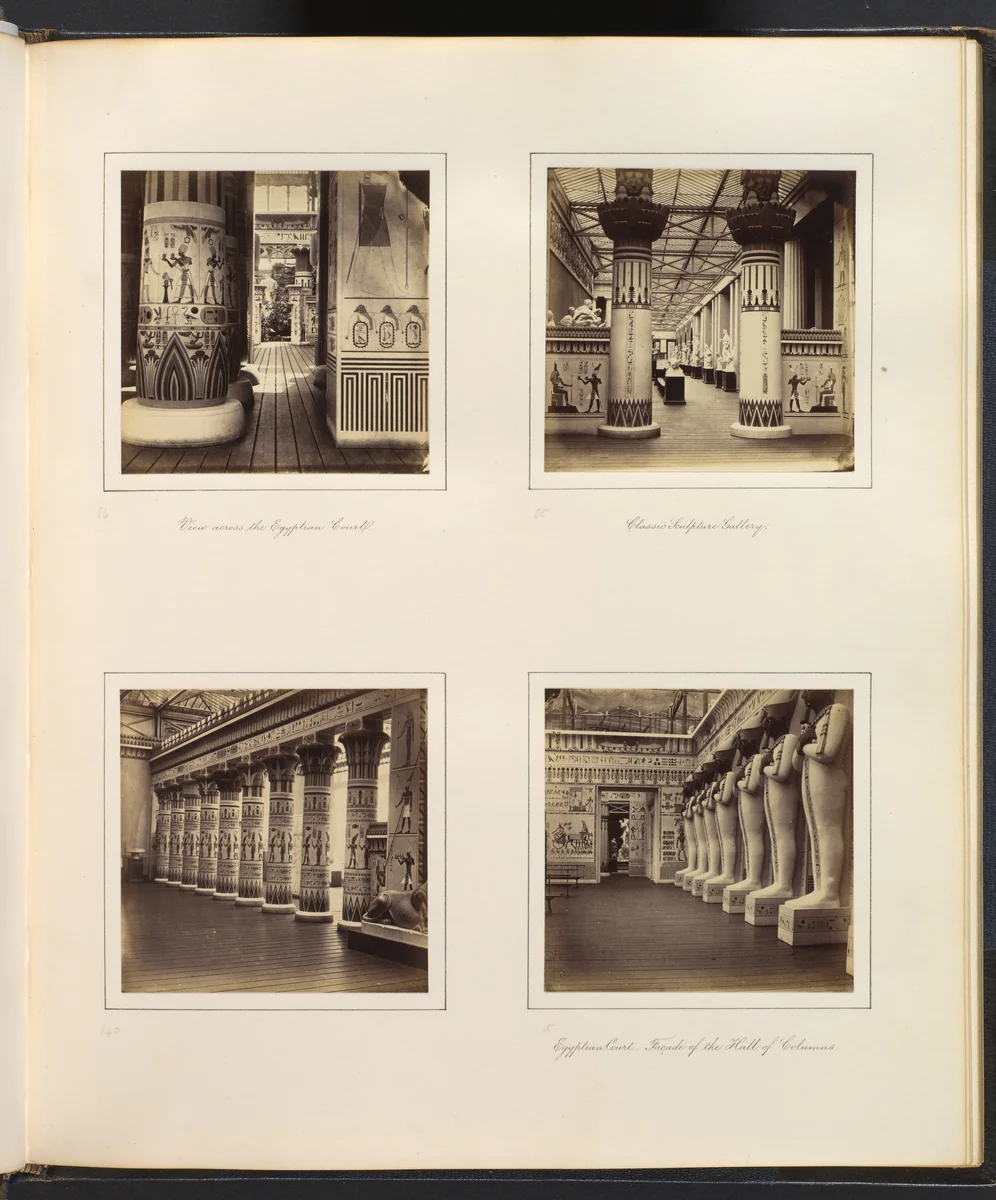 [View Across the Egyptian Court; View through Egyptian Columns into Classical Sculpture Gallery; Side View of Egyptian Colonnade; Facade of the Hall of Columns] by Philip Henry Delamotte, photograph, 1857-1861