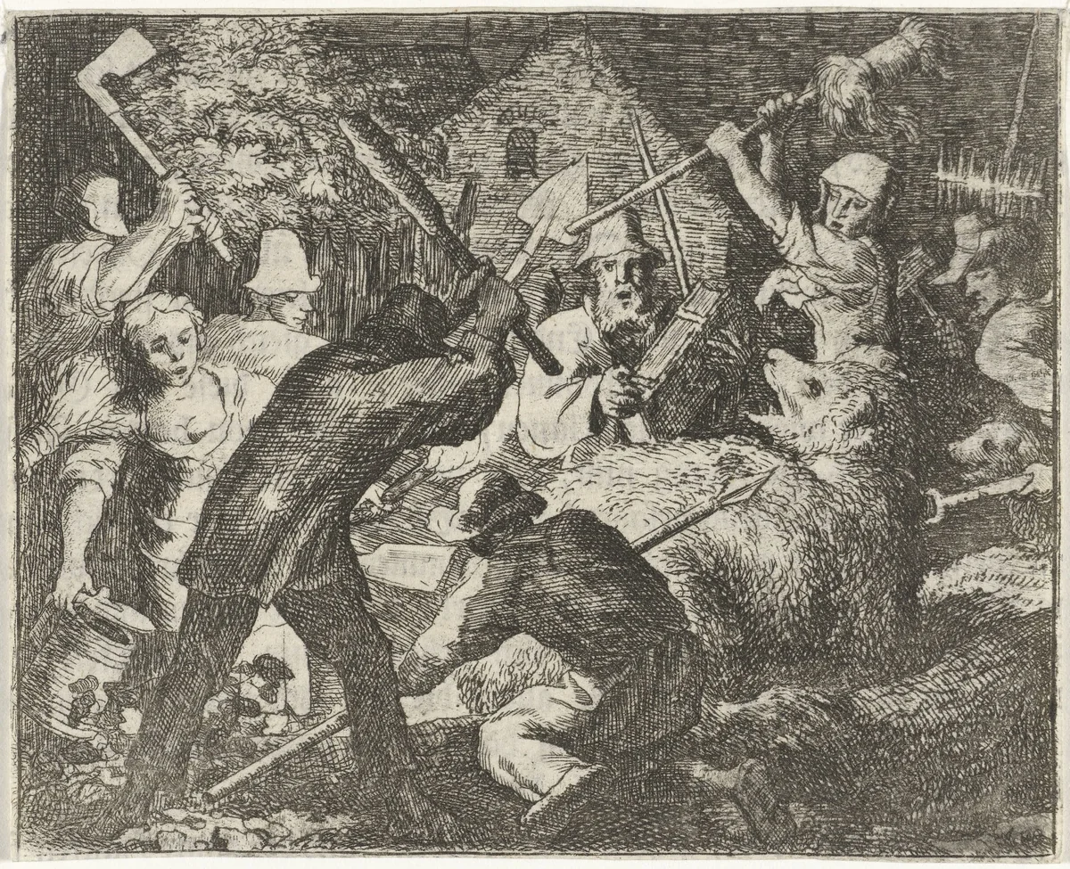 Boeren vallen Bruun de beer aan by Allaert van Everdingen, print, 1665-1675