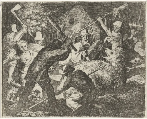 Boeren vallen Bruun de beer aan by Allaert van Everdingen, print, 1665-1675