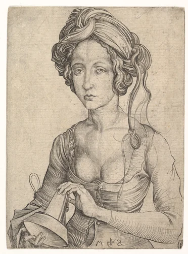 A Foolish Virgin in Half-Figure by Martin Schongauer, print, 1470-1491