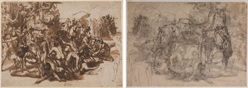 Poros Assailed by the Macedonian Army (recto); Sketches of Animals (verso) by Perino del Vaga, drawing, 1545-1547