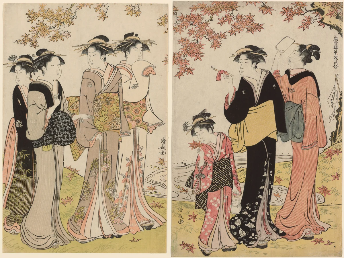 Beauties Under a Maple Tree, from the series "A Collection of Contemporary Beauties of the Pleasure Quarters (Tosei yuri bijin awase)" by Torii Kiyonaga (鳥居清長), print, 1779-1789