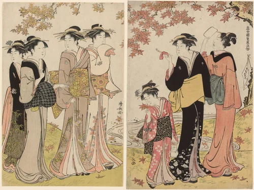 Beauties Under a Maple Tree, from the series "A Collection of Contemporary Beauties of the Pleasure Quarters (Tosei yuri bijin awase)" by Torii Kiyonaga (鳥居清長), print, 1779-1789