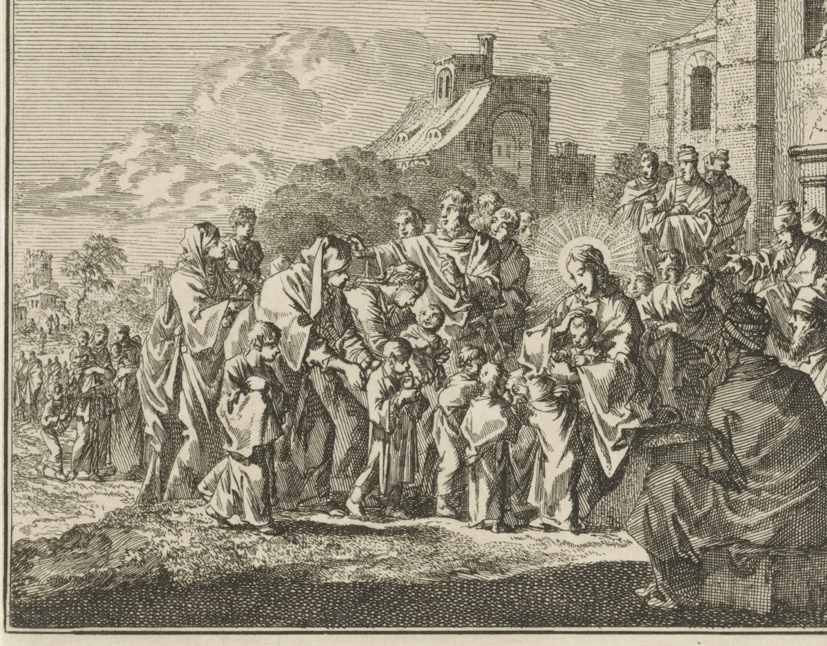 Jezus zegent de kinderen by Jan Luyken, print, 1712