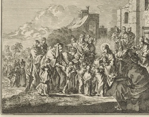 Jezus zegent de kinderen by Jan Luyken, print, 1712