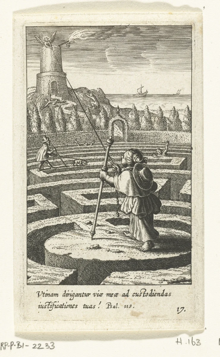 Kind gekleed als pelgrim in doolhof by Boëtius Adamsz. Bolswert, print, 1590-1624