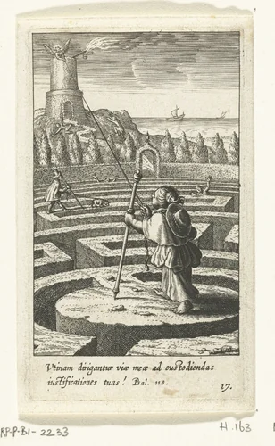 Kind gekleed als pelgrim in doolhof by Boëtius Adamsz. Bolswert, print, 1590-1624