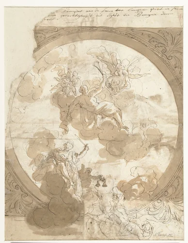 Ontwerp voor een plafond met een allegorische voorstelling met Fama en Justitia by Mattheus Terwesten, drawing, 1680-1757
